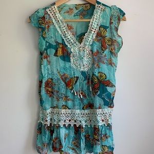 Sheer aqua blue monarch butterfly lace trim blouse
